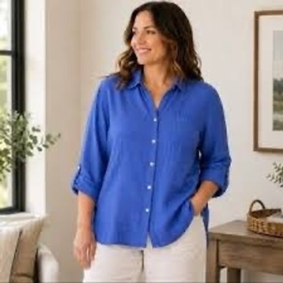 Sigrid Olsen Tops - Sigrid Olsen Women's Blue 100% Linen Button Down Shirt Sleeve Size M Retails $90